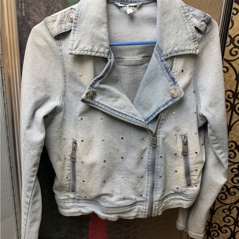 DKNY Light Wash Studded Denim Moto Jacket - Light Blue size medium